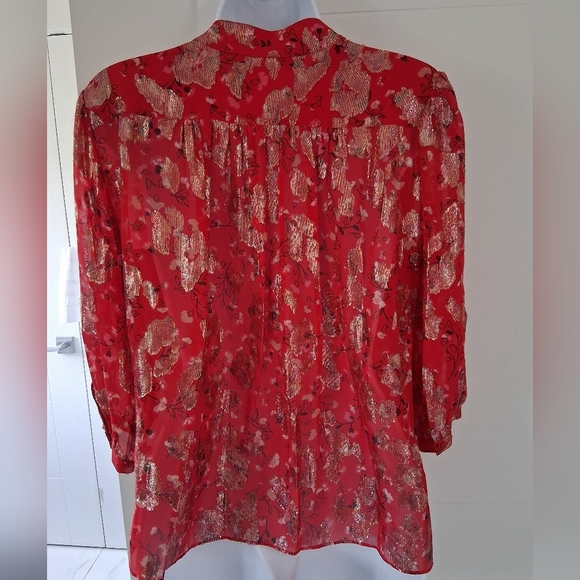 Ba&sh/ Tanama Printed Silk Blend Blouse/ Red and Metallic Gold/ Size US XS - Picture 4 of 15